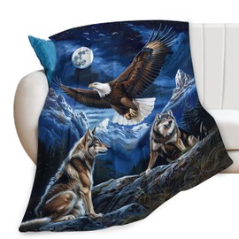 Bald Eagle Wolf Throw Blanket Wild Animal Mountain Moon Night Wolves Print Blankets Gifts Couch Sofa Bed Stuff Decor Soft Cozy Lightweight Fleece Plush Flannel Bedding for Lover Men Women 40"x50"