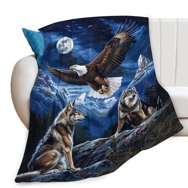 Bald Eagle Wolf Throw Blanket Wild Animal Mountain Moon Night