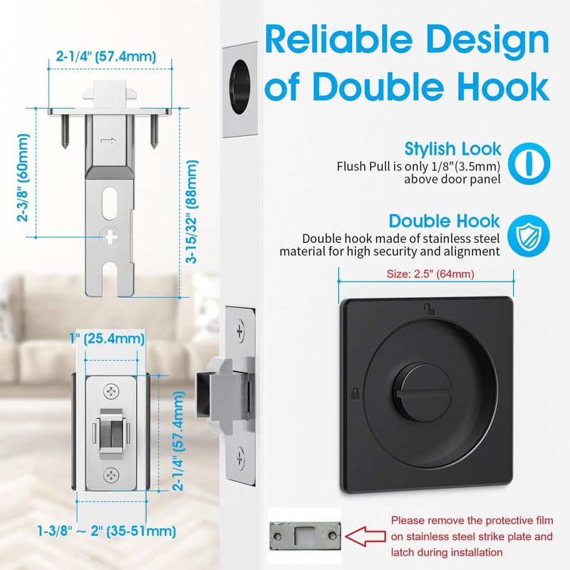 AST Square Pocket Door Lock with Edge Pull, Sturdy Privacy
