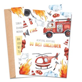 MeinBaby123® 10 Children's Birthday Invitation Cards, Boys Sweet Birthday Invitations, Fire Brigade Invitation Cards, Includes 10 Envelopes, Premium Quality (Fire Brigade V2)