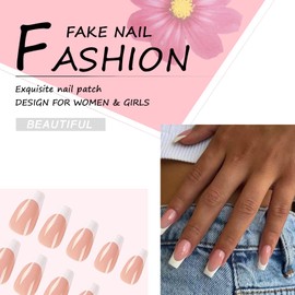 24Pcs Square Press on Nails Medium, French Fake Nails Nude Pink U-shaped Acrylic Full Cover False Nails, Daily Wear Stick on Nails with Glue Sticker for Nail Art Manicure Decoration