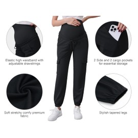 POSHGLAM Women's Maternity Cargo Pants Joggers Casual Workout Comfy Stretch Sweatpants with Drawstrings(Black, Small)