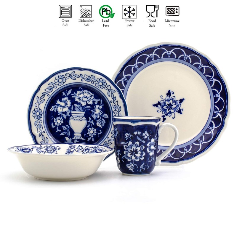 Euro Ceramica Blue Garden 16 Piece Oven Safe Hand Painted