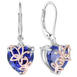YL Pink Heart Earrings 925 Sterling Silver Butterfly Earrings 12 Birthstone Cubic Zirconia Jewellery Gifts for Women Mother Girlfriend Her, Silver, Tanzanite