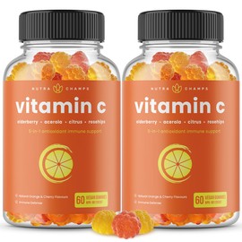 NutraChamps (2 Pack) Vitamin C Gummies for Kids & Adults | 5-in-1 Immune Support Supplement with Elderberry, Rosehips, Citrus Bioflavonoids & Acerola Cherry | VIT C Immune Gummy | 120 Vitamin C Chewable Gummies
