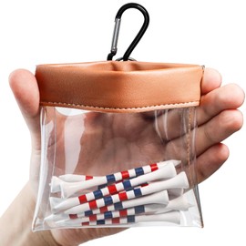 FINGER TEN Golf Tee Ball Bag Pouch Clip Holder Transparent for Men Women, Golf Tee Waterproof Professional Holder Including Wood Bamboo Tees for Golf Course (1 Pack Brown)