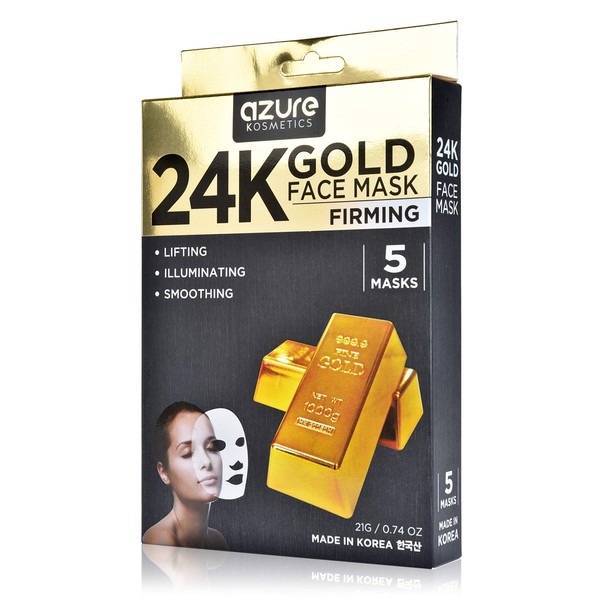 AZURE 24K Gold Firming Face Mask- Anti Aging, Hydrating, Toning & Firming Facial Mask - Helps Reduce Wrinkles & Fine Lines - With Hyaluronic Acid & Collagen - Skin Care Made in Korea - 5 Pack