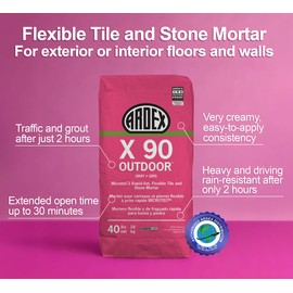Ardex X 90 Outdoor Microtec, Rapid-set, Cement-based Flexible Thinset Mortar, 40 Lb (18 Kg) Bag, Freeze and Thaw Resistant Flooring Underlayment for Stone, Ceramic Tile for Exterior Applications, Gray