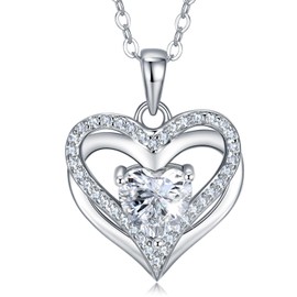 JACUPO 1CT Double Heart Moissanite Necklace for Women 18K White Gold Plated Jewelry for Mother Love Friend Mother’s Day Birthday Gift for Her 18inch (for Lover)
