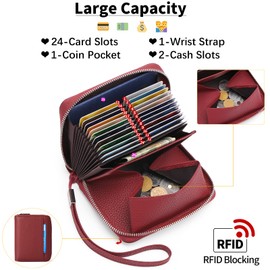 SENDEFN Credit Card Holder Purses for Women, RFID Blocking 24 Slots Large Leather Organ Style Womens Wallet Purse with Wrist Strap & Coin Pocket