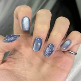 Hkanlre Cat Eyes Square Fake Nails Tips Short Press on Nails Full Cover False Bling Blue Nails for Women 24PCS