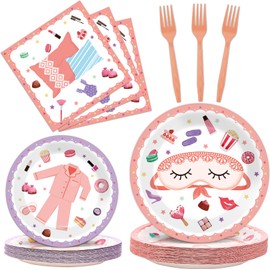 Pajama Party Plates Napkins Sleepover Tableware Set - Spa Party Dinnerware Slumber Cutlery for Girls - Disposable Decoration for 24 Guests