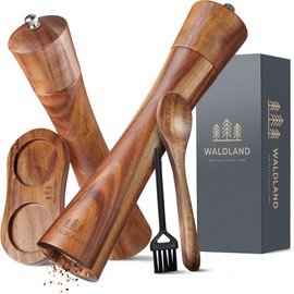WALDLAND® Wooden Salt and Pepper Mill with Saucer Large (21 cm) Spice Mills with High Performance Ceramic Grinder Pepper and Salt Mill Set