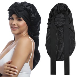 AWAYTR AWAYTR Long Satin Bonnet for Women - Double Layer Elastic Silk Bonnet for Braids Hair Sleeping Cap with Tie Band (Black)