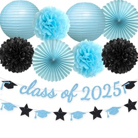 Graduation Party Supplies Glitter Class Of Banner Backdrop Hanging Paper Flowers Pom Poms Decoration Light Blue
