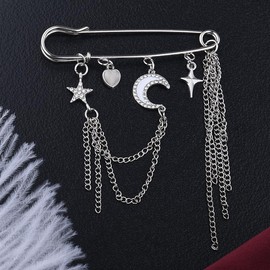 Punk Lapel Punk Brooch Pins Star Cross Pin for Women Clothes Y2k Collar Pins Coat Safety Pin Brooch Shawl Pin Brooch Chain Punk Safety Pins Hanging Chain Moon Heart Brooch Pins for Women Clothes