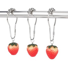 WEBEEDY 12 Pcs Strawberry Shower Curtain Hooks Stainless Steel Cute Shower Curtain Rings with Resin Strawberry Pendants Fruit Bathroom Decor Window Curtains Ring for Bedroom Home Decor