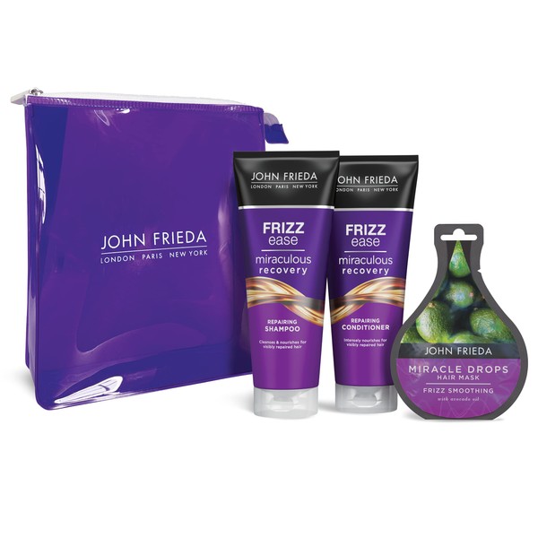 John Frieda Frizz Ease Miraculous Recovery Gift Set - Shampoo, Conditioner & Miracle Drops Frizz Smoothing Hair Mask, Purple