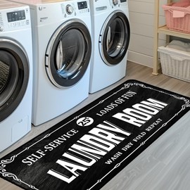 Laundry Room Rug 20x47inch Washable Farmhouse Laundry Mat Soft Fluff TPR Non-Slip Backing,Black Laundry Decor Rug, Water-Resistant for Laundry Room, Entryway, or Kitchen