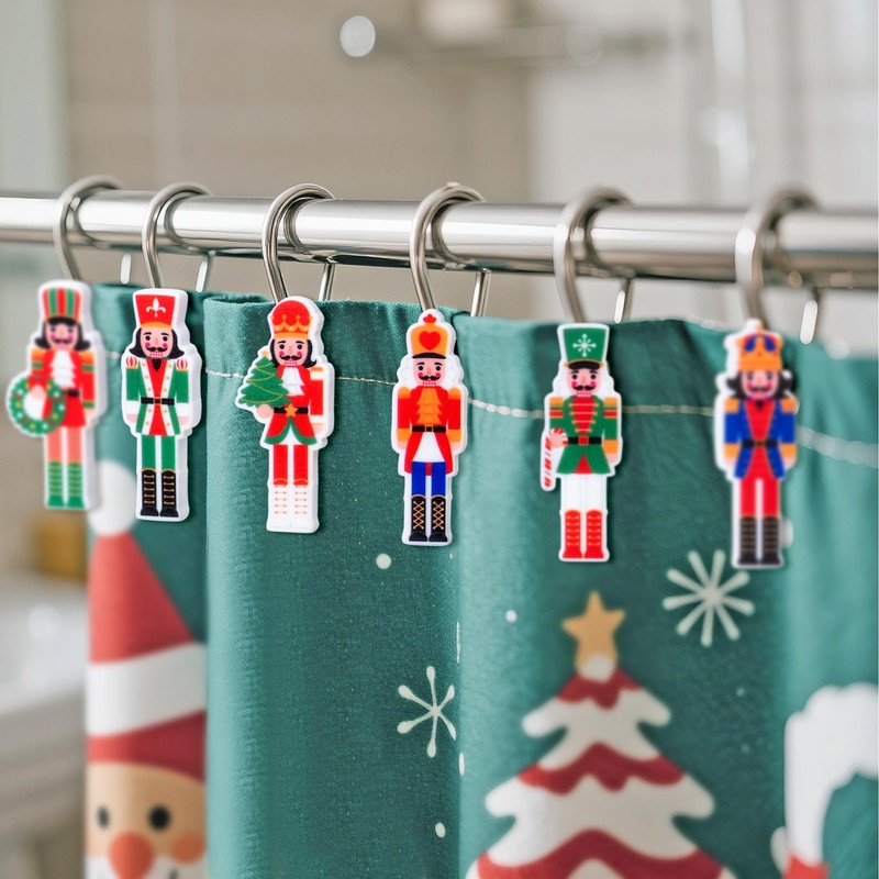 MALLMALL6 Christmas Shower Curtain Hooks - 12Pcs Xmas Nutcracker Decorative