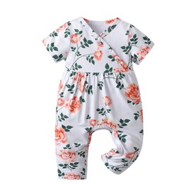 Newborn Baby Girl One-Piece Clothes Infant Floral Print Short Sleeve Romper Jumpsuit Summer Outfit White 3-6 Months