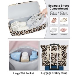 Weekender Bags for Women Travel, Carry On Personal Item Duffle Bag, Water Resistant Gym Bag with Toiletry Bag, Shoe Compartment & Wet Pocket, Leopard-Large