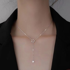 Cimenexe Bohemian Cz Star Y Drop Necklace Rhinestone Star Y Lariat Chain Necklace Crystal Star Pendant Necklace Silver Hollow Star Choker Necklace Jewelry for Women and Girls Gifts