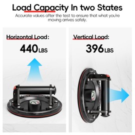 SPECILITE 8" Heavy Duty Glass Suction Cups 2 Pack with Pressure Gauge for Lifting Large Tile, Marble, Windows, 880 lbs Load Capacity, Industrial Vacuum Lifter with Handle, Carrying Case, Gloves, Black