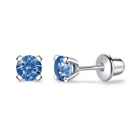 LUCKMORA 925 Sterling Silver Cubic Zirconia Earrings Studs for Men Hypoallergenic Nickel Free Earrings for Women Princess Round Cut (Sapphire-S)