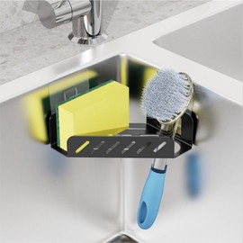 GSlife Adhesive Sink Caddy for Square Sink Corner- Sponge Holder for Kitchen Sink, Triangle Kitchen Sink Organizer, Rustproof Brush Holder, with Sponge and 2 Adhesives, Black (not for Rounded Corner)