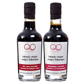 QO Gourmet Flavored Aged Italian Balsamic Vinegar of Modena Sampler Gift Set of 2 (Hot Chili / Raspberry) Crafted in Modena