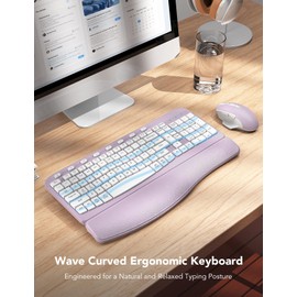 SABLUTE Wireless Keyboard and Mouse Combo, Ergonomic Wave Key, Cushioned Plam Rest, Comfortable Silent Natural Typing, 2.4G Lag-Free, Full Size Keyboards Cordless Set for Multi-OS, Windows/Mac, Purple