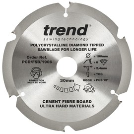 Trend PCD Fibre Cement Circular Saw Blade, 190mm Diameter, 30mm Bore, 6 Teeth, 2.4mm Kerf, +12° Hook, PCD/FSB/1906