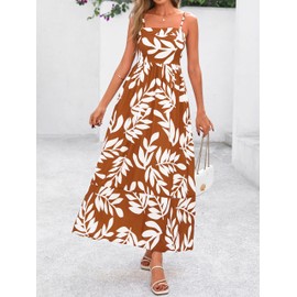 PRETTYGARDEN Summer Dresses for Women 2025 Beach Maxi Dress Spaghetti Strap Floral Boho A Line Wedding Guest Flowy Long Dress(Leaves Brown,Medium)