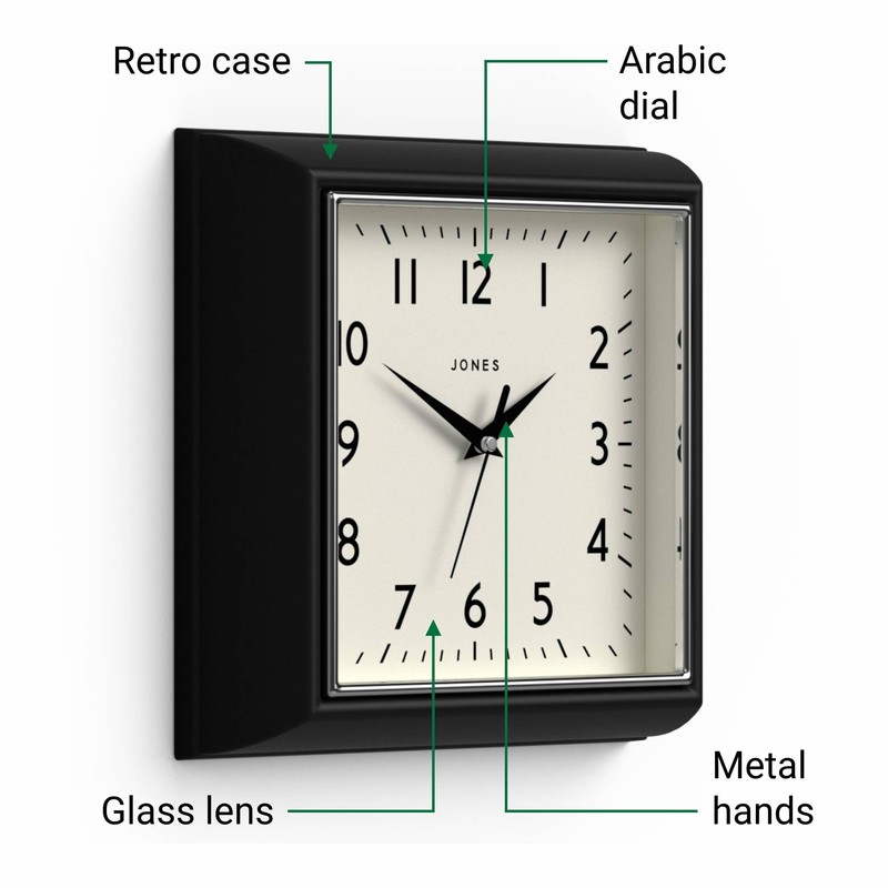 JONES CLOCKS® Mustard Wall Clock | Square Retro Clock |