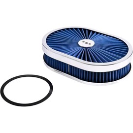 12"x2" Oval Air Cleaner Filter Assembly 5-1/8" Carb Neck w/Flow-Thru for Caburetor Lid High Flow Chrome Compatible With GMC Chevy Ford Chryler Dodge (Blue)