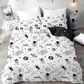 Highdi Toddler Bedding Set, White Cot Bed Duvet Cover Set with 1 Pillow Case, Black Space Print Kids Duvet Cover Reversible 2 Side Bedding Set-120 x 150cm