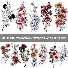 EMOME Half Arm Colorful Rose Fake Tattoos That Look Real and Last Long,12 Sheets Large Temporary Tattoos for Women, Hand Tattoo Stickers and Temporary Tattoo Sleeves for Adults Girls Neck Arm