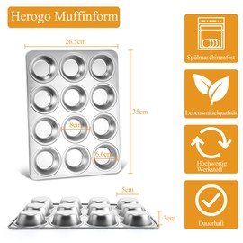 Herogo Muffinform, 12 Muffins Edelstahl Muffinblech, Metall Muffin Backform für Cupcake, Yorkshire Pie, Pudding, Muffin Kuchenform für Leicht zu reinigen, spülmaschinenfest, Ungiftig, Silber