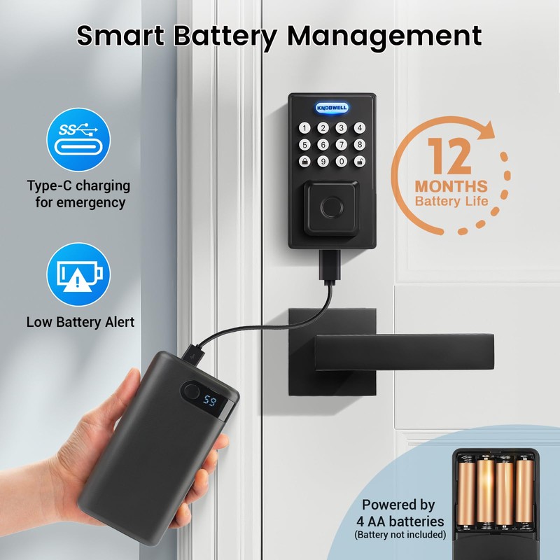 KNOBWELL Smart Fingerprint Door Lock with Lever Handle, Keyless Entry,