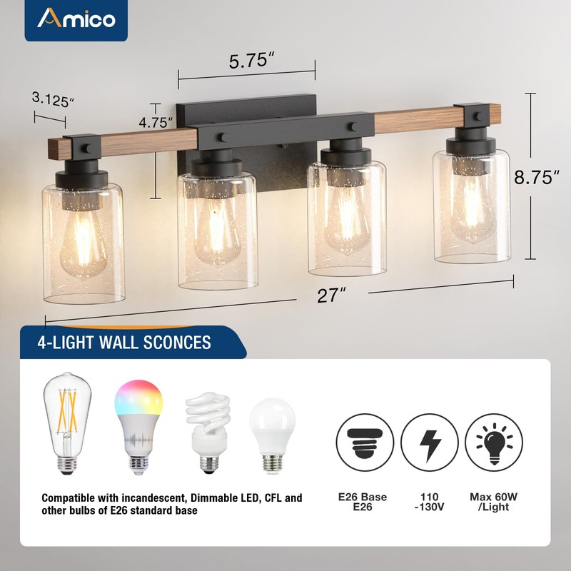 Amico Farmhouse Bathroom Vanity Light Fixtures,Rustic 4-Light Industrial Painted Wood