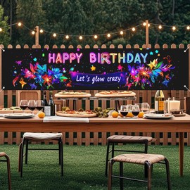 Nuxovilar Neon Glow Happy Birthday Banner with Floral & Star Design, 78.7"x17.7" Bold Colorful Party Decorations Backdrop for Indoor Outdoor Celebrations, Parties & Events
