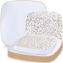 Blue Sky Leaf Square Organic Premium Disposable Plastic Plates - 32 Count, 7.25" and 10" Gold/White Combo Pack | Elegant and Eco-Friendly for Parties, Events, and Gatherings