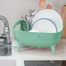 Nineware Compact Dish Drying Rack with Utensil Holder, 360° Rotating Water Drain Spout, Space Saving Kitchen Countertop Organizer, Stylish Home Decor, Made in Korea (Retro Green)