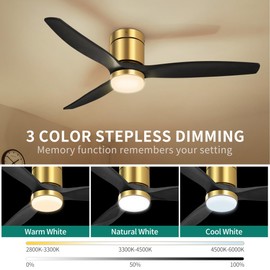 YITAHOME 52 Inch Low Profile Ceiling Fan with Light, 3 Wood Fan Blade, Flush Mount Fan with Remote Dimmable Reversible Quiet DC Motor, Memory Function, for Bedroom, Outdoor, Indoor, Black Gold
