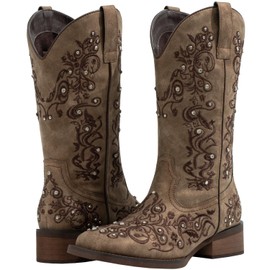 SheSole Women Cowboy Boots Sparkle Western Cowgirl Boots for Ladies Rhinestone Wide Square Toe Mid Calf Floral Shoes Brown US Size 7