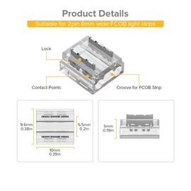 BTF-LIGHTING FCOB COB 50pcs 8mm 0.31in Transparent Connector Support FCOB 8mm Width 2 pin v+ v- Single Color LED Strip Corner Connection Only Adapted for 20AWG Wire(No Wires in The Packaging)