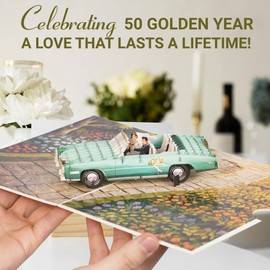 PopUpia 3D Popup 50th Wedding Anniversary Card – Just Married Car Design, 50th Anniversary Decorations & Gifts for Couple, Husband, Wife, Parents, Friends – Memorable Golden Anniversary Keepsake