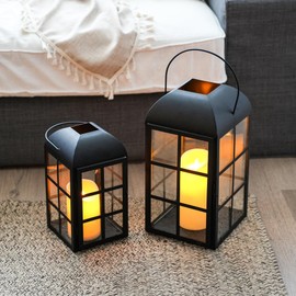 TRIROCKS Set of 2 Decorative Candle Lantern 10.5 & 14'' High Decorative Outdoor Lantern Metal Candle Holder with with Tempered Glass for Home Garden Yard Patio Parties Events Indoors Outdoors (Black)