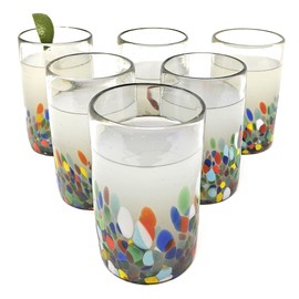 Hand Blown Mexican Drinking Glasses – Set of 6 Confetti Carmen Design Glasses (14 oz each)